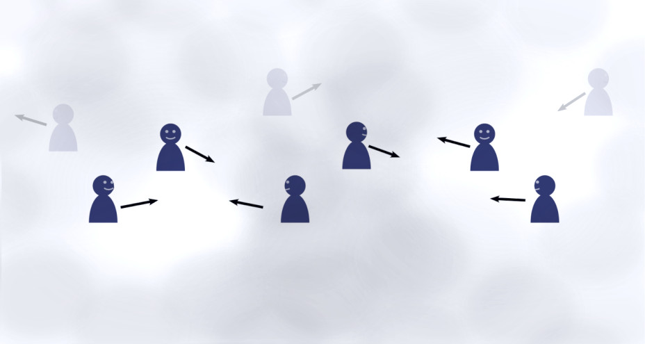 Image of people moving and mingling, obtaining information on initially distant neighbours, too.