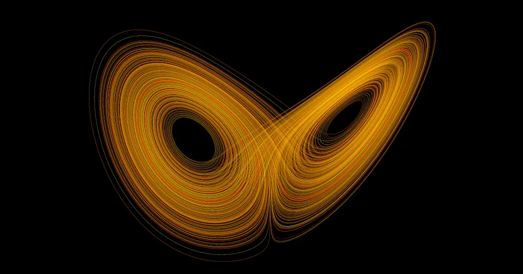 Abstract image of a Lorenz attractor. Glowing orange lines are visible that loop around two side-by-side oval shapes on a black background, forming a butterfly-like pattern made of many overlapping curves.