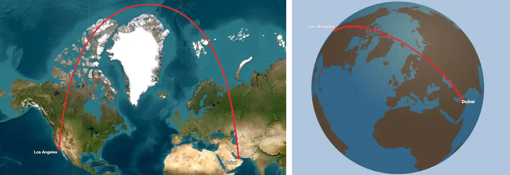 Image consisting of two maps showing the flight route from Dubai to Los Angeles. On the flat world map, the shortest route is not a straight line but it curves.