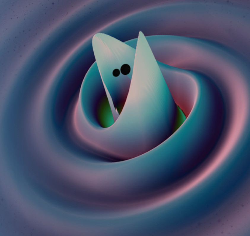 Image of Ripples in the spacetime around a merging binary black-hole system from a numerical relativity simulation.