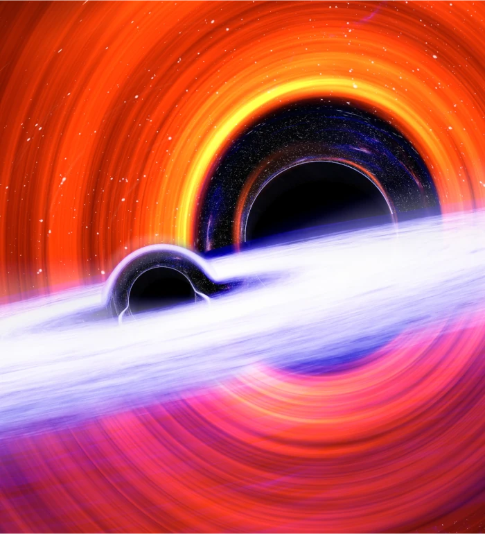 Picture showing a black hole with an accretion disk in front of another black hole.