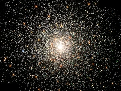 Yellow and white objects of different shapes and sizes are shown against a black background, representing hundreds of thousands of stars bound together in a crowded environment in space.